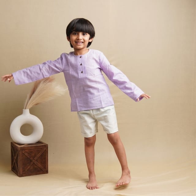 Earthy Wanderer' - Boys' Set with Full Sleeve Button-down Shirt and Shorts