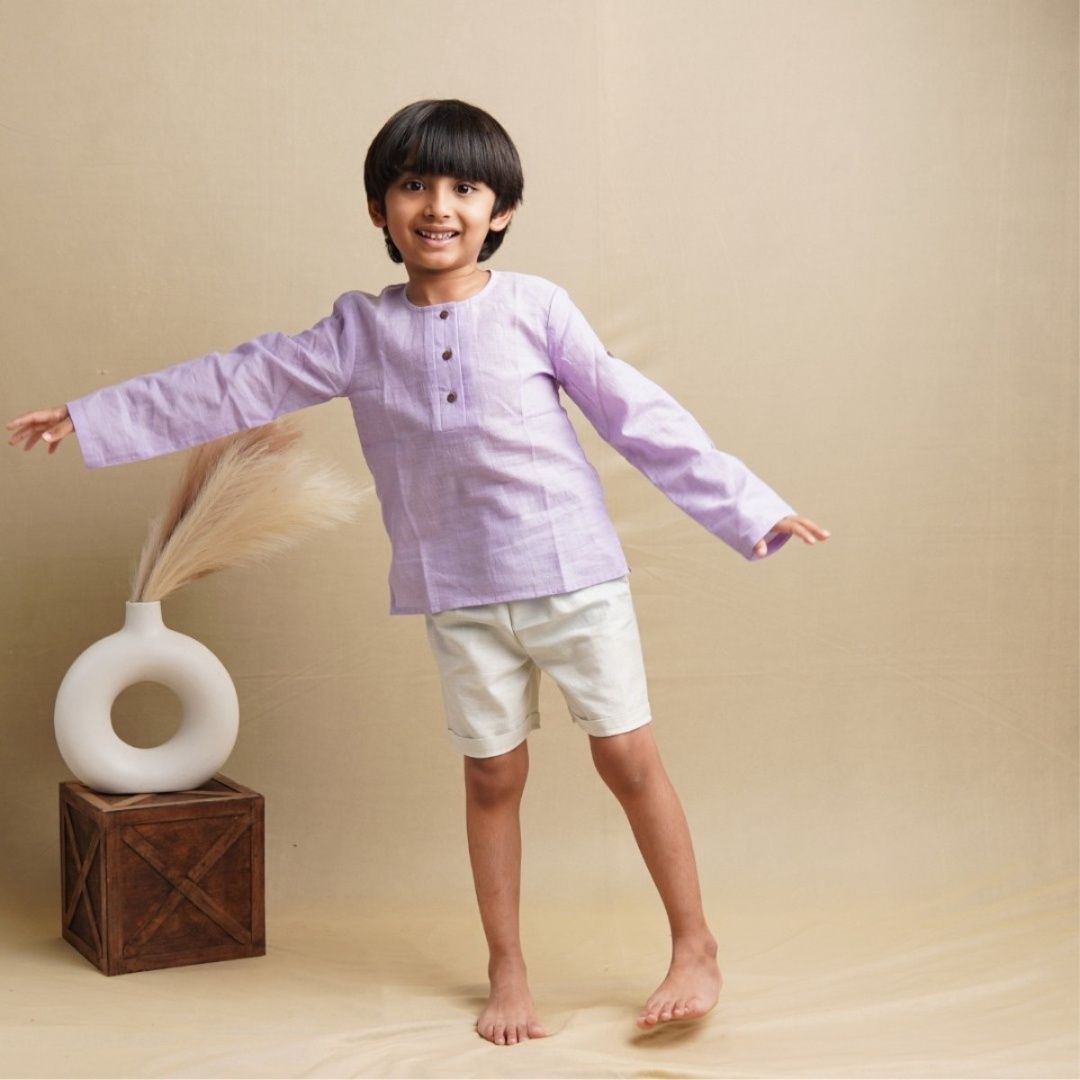 Earthy Wanderer' - Boys' Set with Full Sleeve Button-down Shirt and Shorts