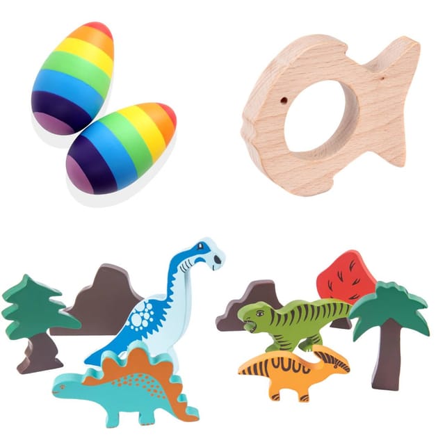 NESTA TOYS - Wooden Dinosaur Blocks (9 Pcs), Egg Shaker Rattle & Teether