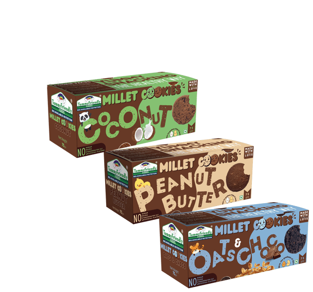 Tummy Friendly Foods Millet Cookies- OatsChoco, Peanut Butter & Coconut- Pack of 3- 75g each.