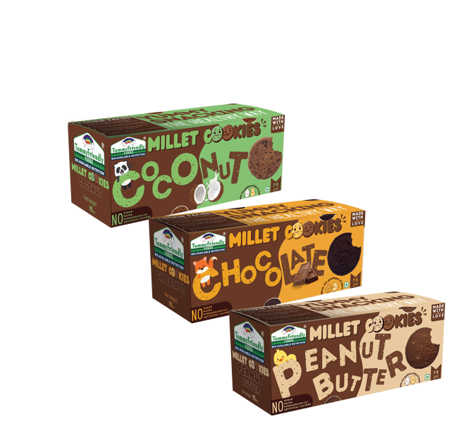 Tummy Friendly Foods Millet Cookies- Peanut Butter, Chocolate & Coconut - Pack of 3. - 75g each.