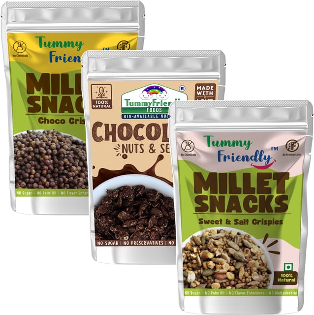 Tummy Friendly Millet Snacks (MS-ChcoCrips-SweetSalty-ChocoNutsSeeds-3X70)