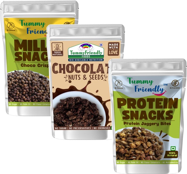 Tummy Friendly Millet Snacks .(MS-ChocoCripsies-ProteinBites-ChocoNutsSeeds-3X70)