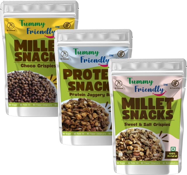 Tummy Friendly Millet Snacks (MS-ChocoCripsies-ProteinBites-SweetnSalty-3X70)