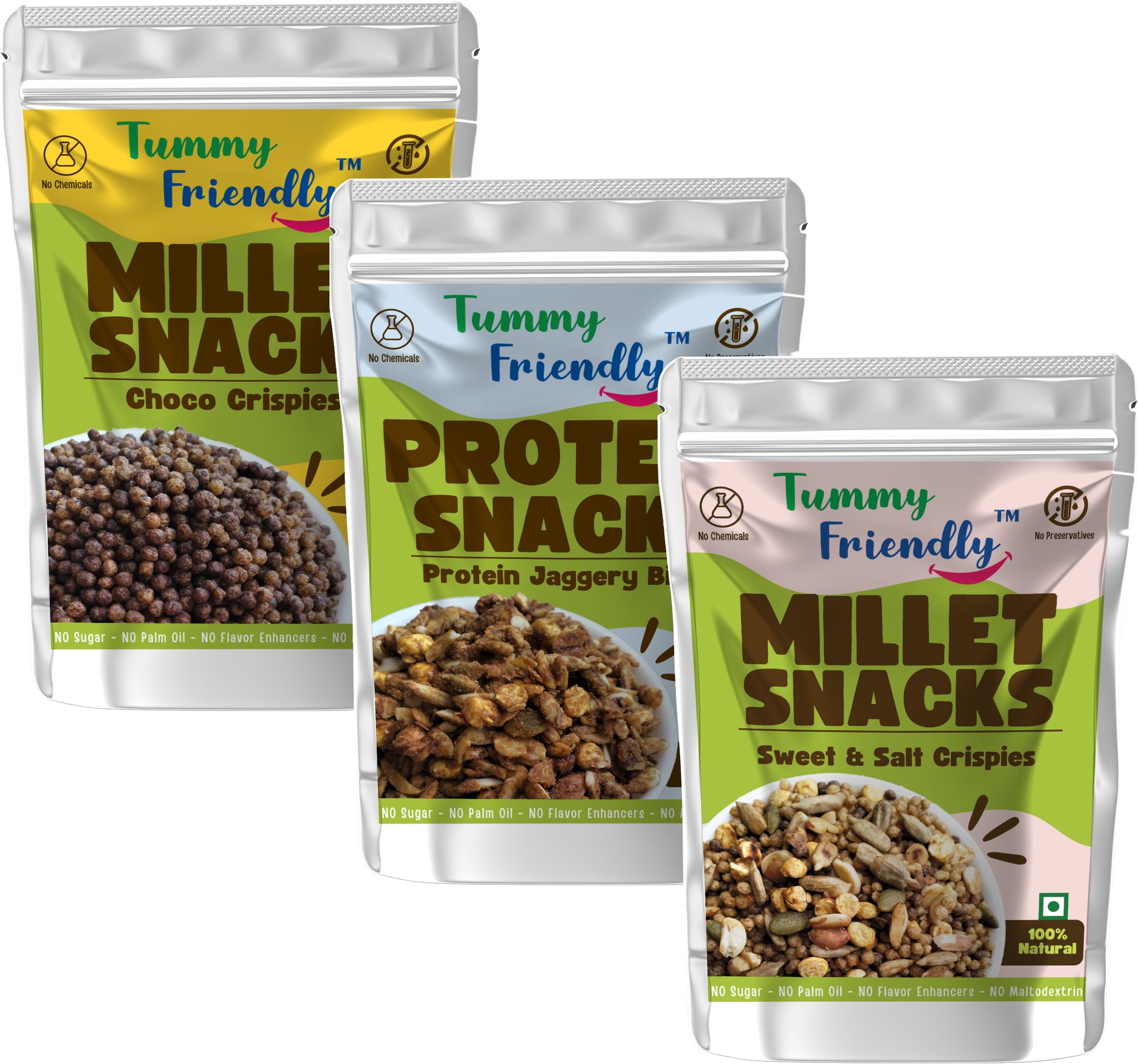 Tummy Friendly Millet Snacks (MS-ChocoCripsies-ProteinBites-SweetnSalty-3X70)