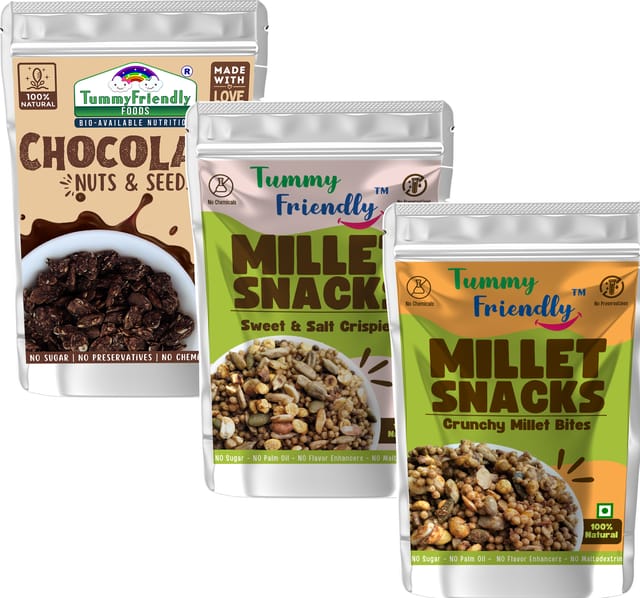 Tummy Friendly Millet Snacks .(MS-MilletBites-SweetnSalty-ChocoNutsSeeds)