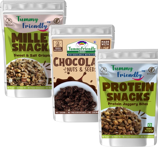 Tummy Friendly Millet Snacks (MS-ProteinBites-SweetnSalty-ChocoNutsSeeds)