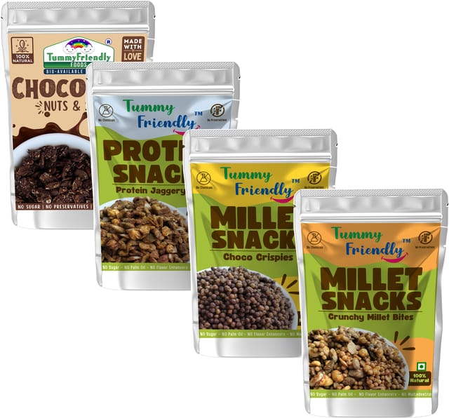 Tummy Friendly Millet Snacks MS-ChocoCripsies-MilletBites-ProteinBites-ChocoNutsSeeds