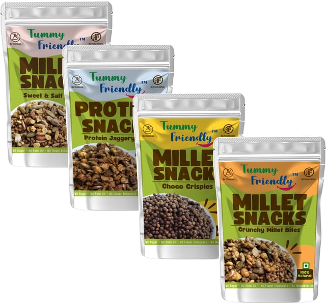 Tummy Friendly Millet Snacks (MS-ChocoCripsies-MilletBites-ProteinBites-SweetnSalty)