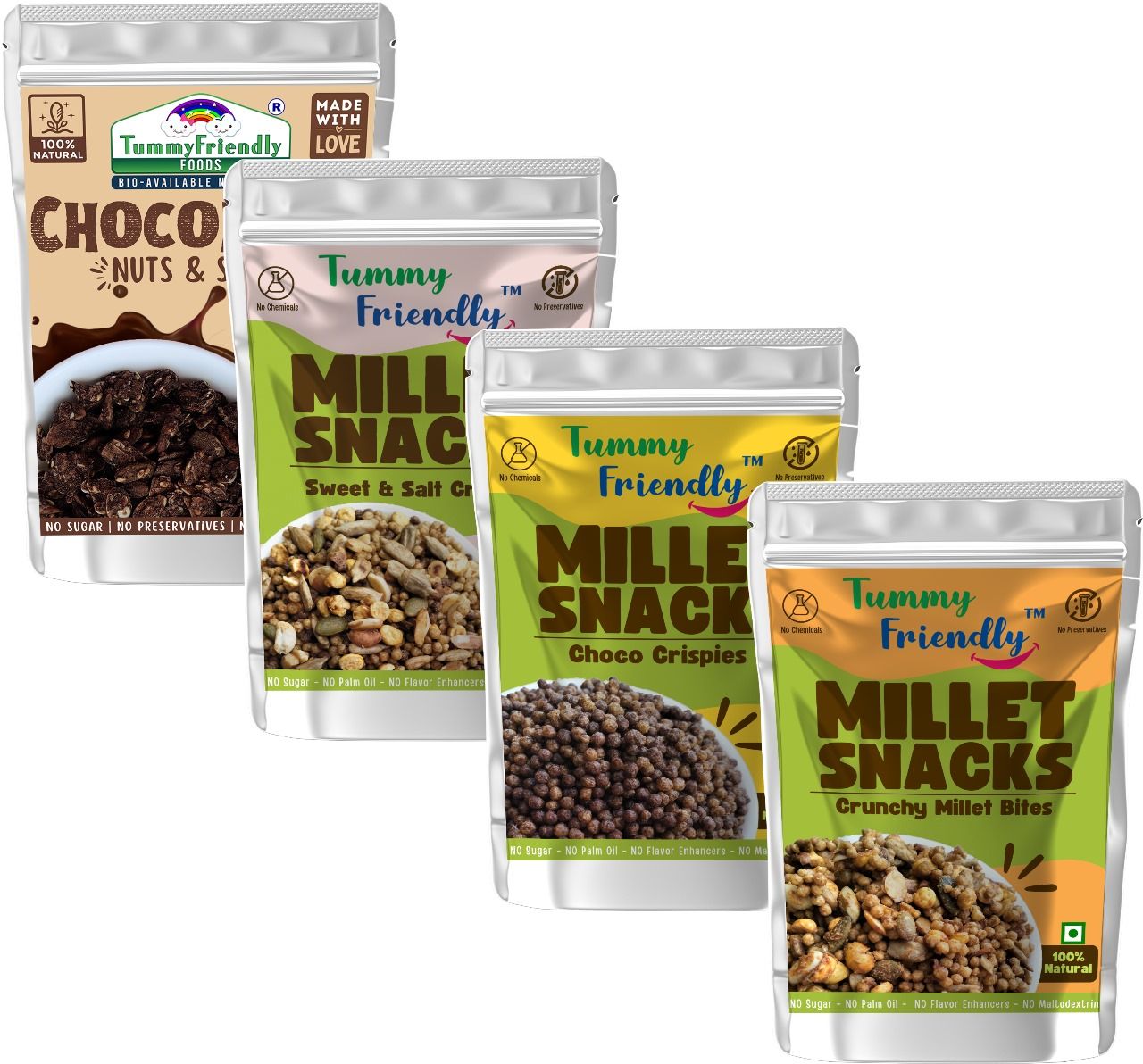Tummy Friendly Millet Snacks (MS-ChocoCripsies-MilletBites-SweetnSalty-ChocoNutsSeeds)