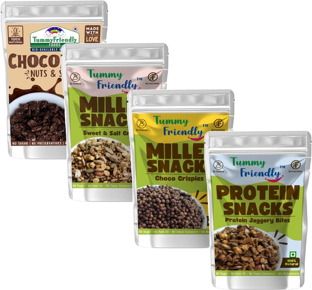 Tummy Friendly Millet Snacks.(MS-ChocoCripsies-ProteinBites-SweetnSalty-ChocoNutsSeed)