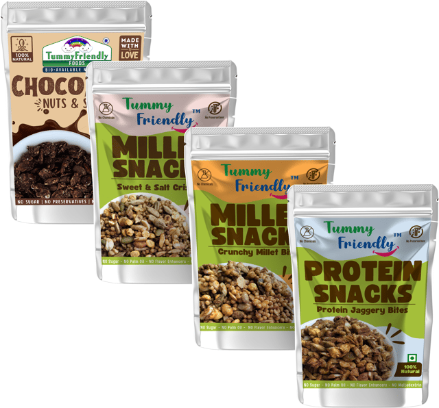 Tummy Friendly Millet Snacks(MS-.MilletBites-ProteinBites-SweetnSalty-ChocoNutsSeeds) Tummy Friendly Millet Snacks(MS-.MilletBites-ProteinBites-SweetnSalty-ChocoNutsSeeds)