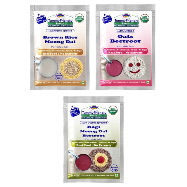 TummyFriendly Foods Certified Organic Stage1 Sprouted Porridge Mixes Trial Packs-Sprouted Ragi, Sprouted Brown Rice and Oats