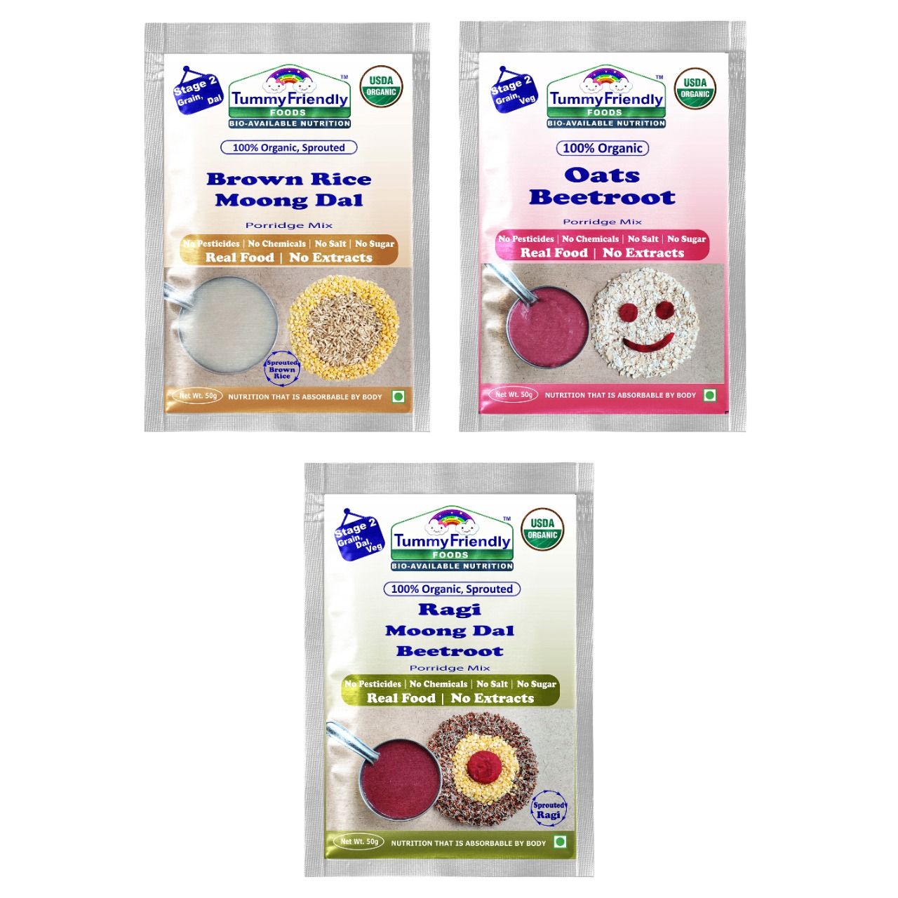 TummyFriendly Foods Certified Organic Stage1 Sprouted Porridge Mixes Trial Packs-Sprouted Ragi, Sprouted Brown Rice and Oats