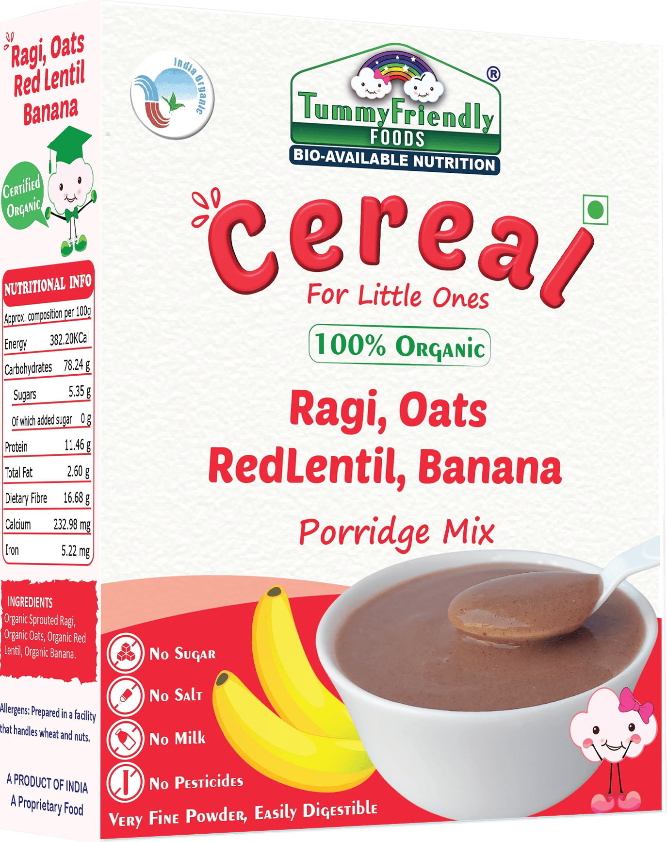 TummyFriendly Foods Certified 100% Organic Sprouted Ragi, Oats, Red Lentil, Banana Porridge Mix