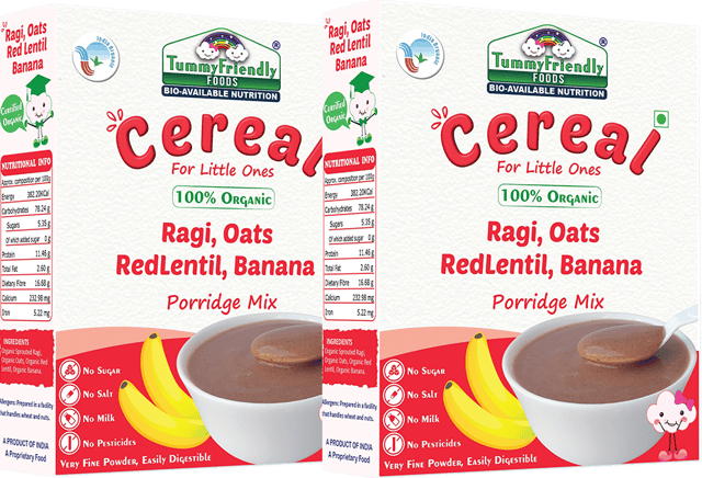 TummyFriendly Foods Certified 100% Organic Sprouted Ragi, Oats, Red Lentil, Banana Porridge Mix