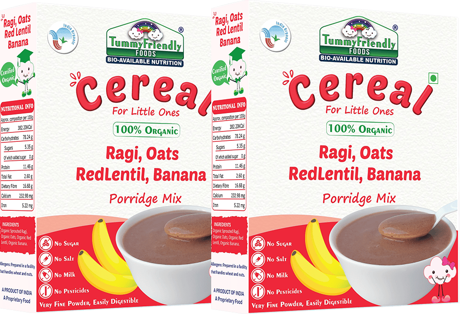 TummyFriendly Foods Certified 100% Organic Sprouted Ragi, Oats, Red Lentil, Banana Porridge Mix
