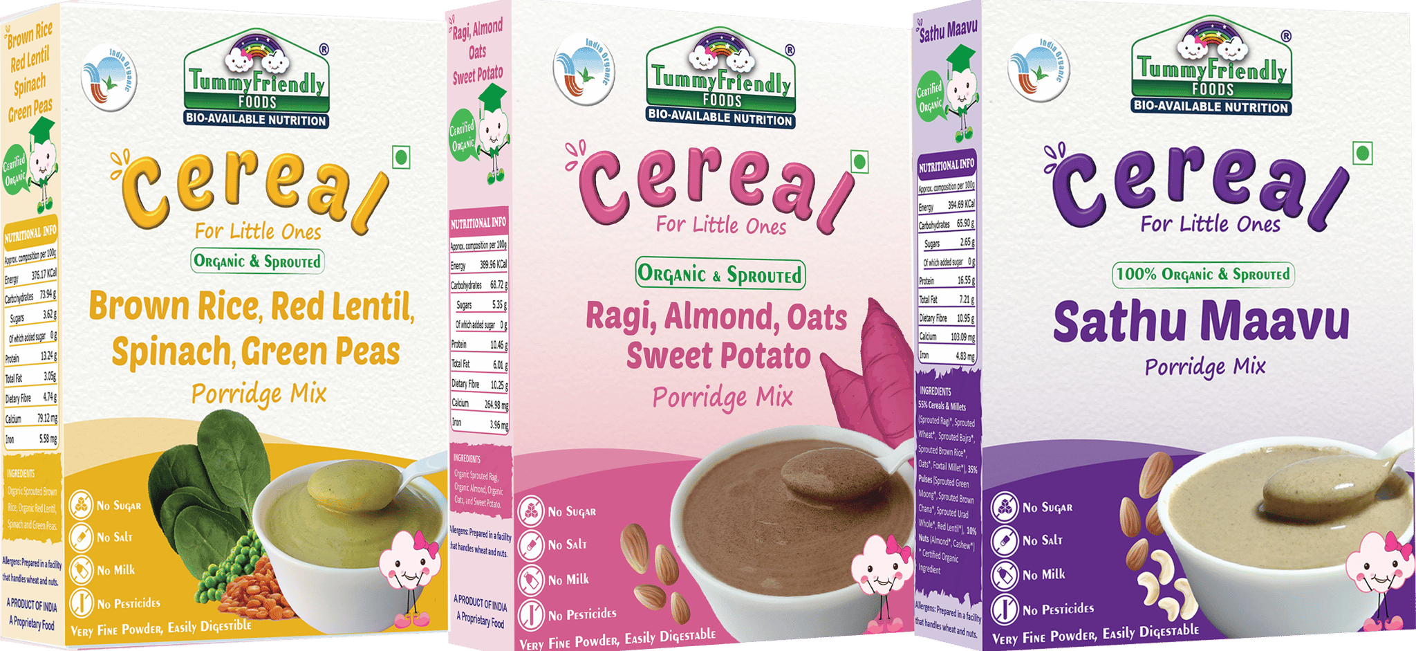 TummyFriendly Foods Certified Organic Stage3 Sprouted Porridge Mixes Combo Pack (Sprouted Ragi, Brown Rice, Sathu Maavu, Pulses, Vegetables & Fruit)