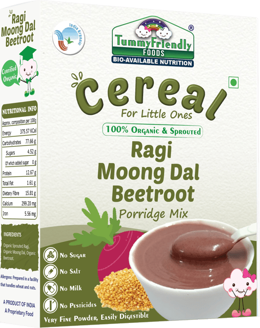 TummyFriendly Foods Certified 100% Organic Sprouted Ragi, Moong Dal, Beetroot Porridge Mix