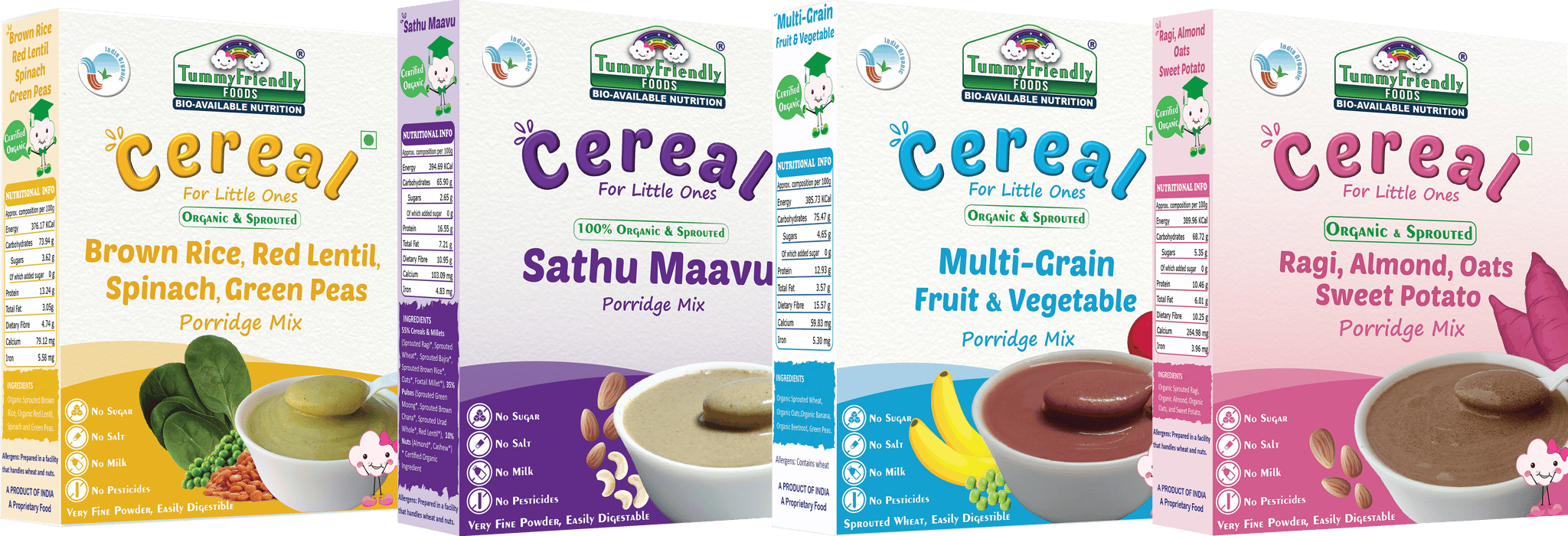 TummyFriendly Foods Organic Certified Stage3 Sprouted Porridge Mixes Combo - 4 Packs With Brown Rice