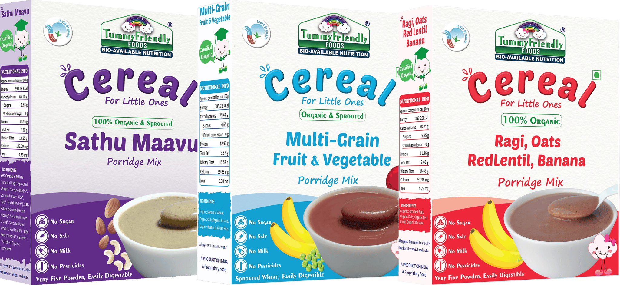 TummyFriendly Foods Certified Organic Multi-Grain, 100% Organic Sprouted Ragi, Oats, Red Lentil, Banana and 100% Organic Sathu Maavu Porridge Mixes