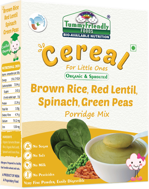 TummyFriendly Foods Certified Organic Sprouted Brown Rice, Red Lentil, Spinach, Green Peas Porridge Mix