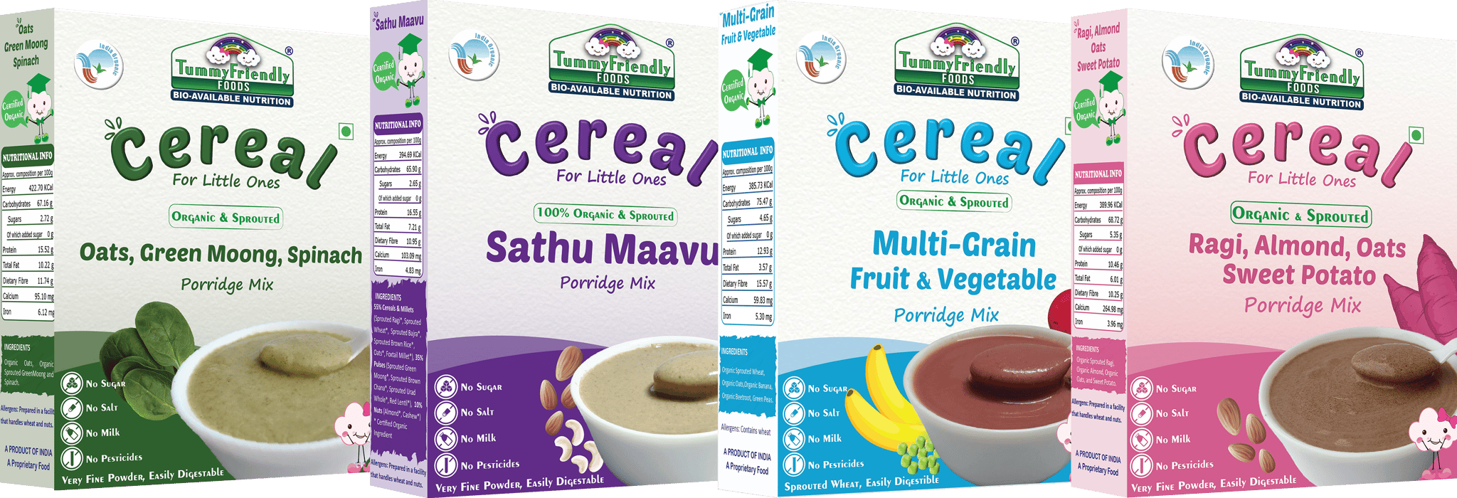 TummyFriendly Foods Organic Certified Stage3 Sprouted Porridge Mixes Combo - 4 Packs With Oats