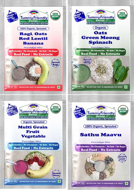 TummyFriendly Foods Certified Stage3 Porridge Mixes Trial Packs - Ragi, MultiGrain, Oats, Sathu Maavu