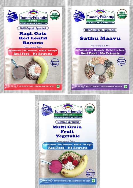 TummyFriendly Foods Certified Stage3 Porridge Mixes Trial Packs- Ragi, Sathu Maavu, MultiGrain