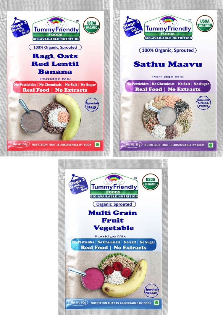 TummyFriendly Foods Certified Stage3 Porridge Mixes Trial Packs- Ragi, Sathu Maavu, MultiGrain