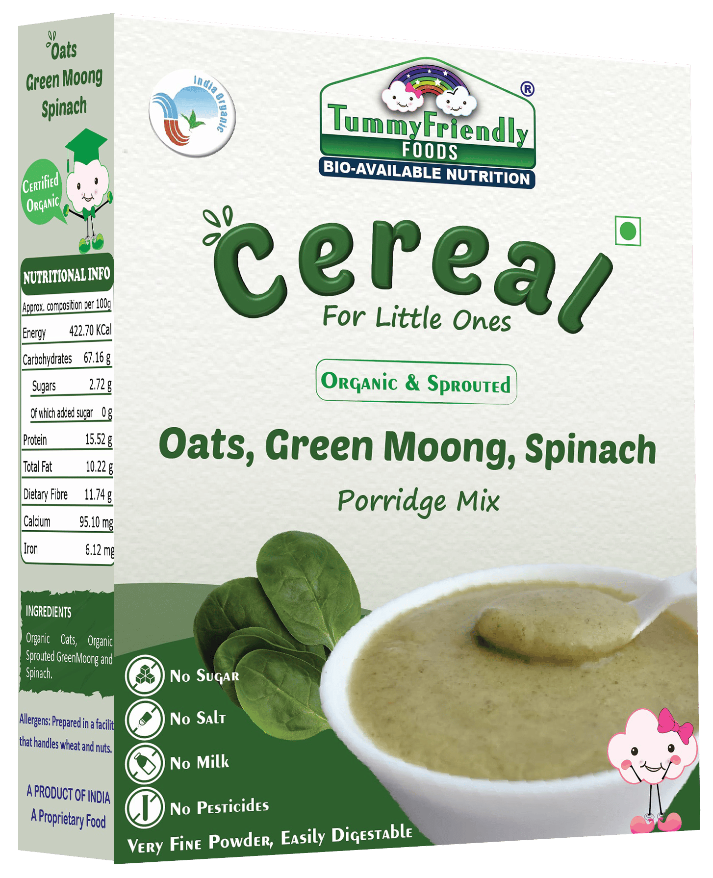 TummyFriendly Foods Certified Organic Oats, Green Moong, Spinach Porridge Mix