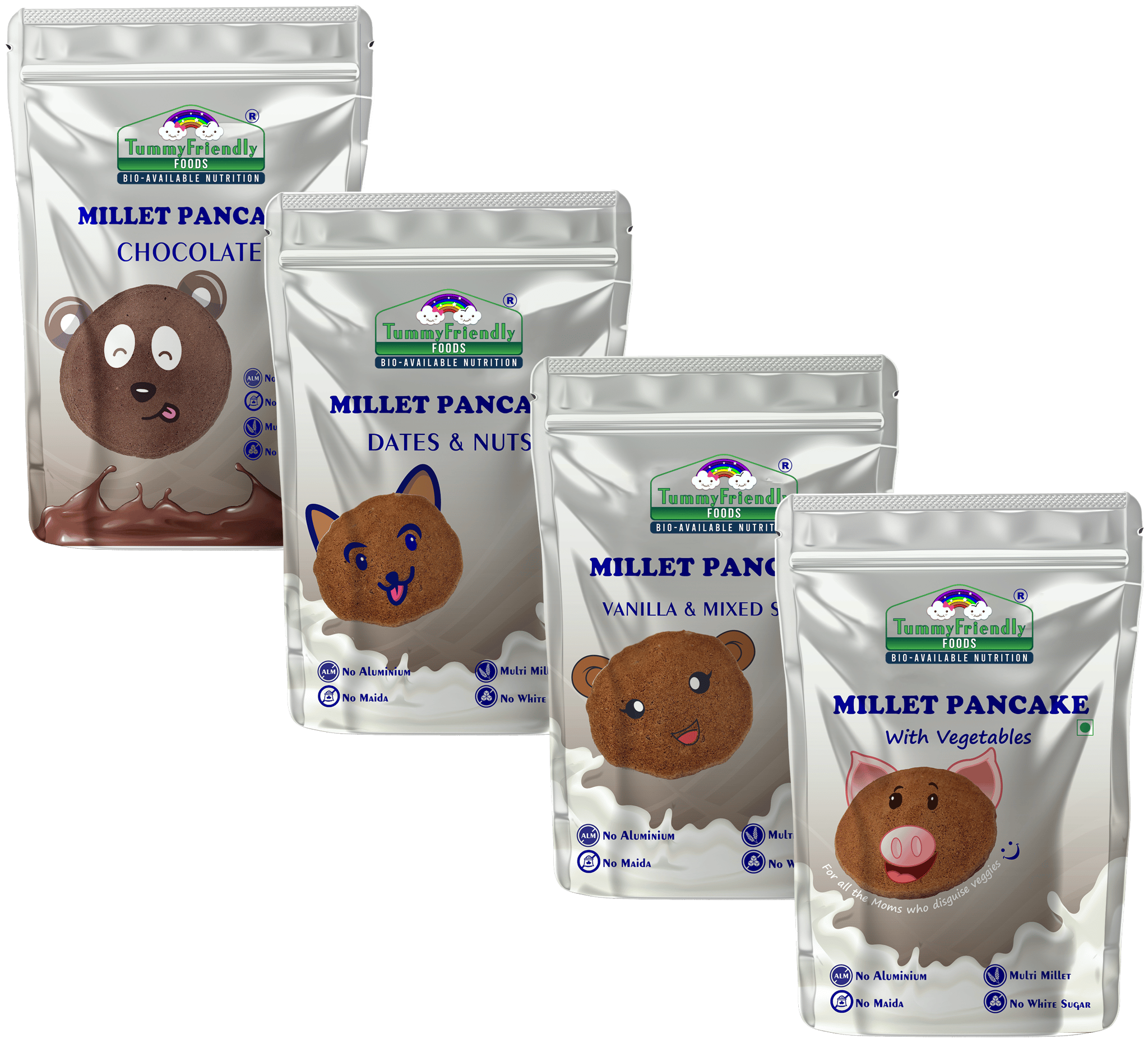 TummyFriendly Foods Millet Pancake Mixes Trial Packs with Chocolate, Nuts, Seeds & Veggies 150 g (Pack of 4)