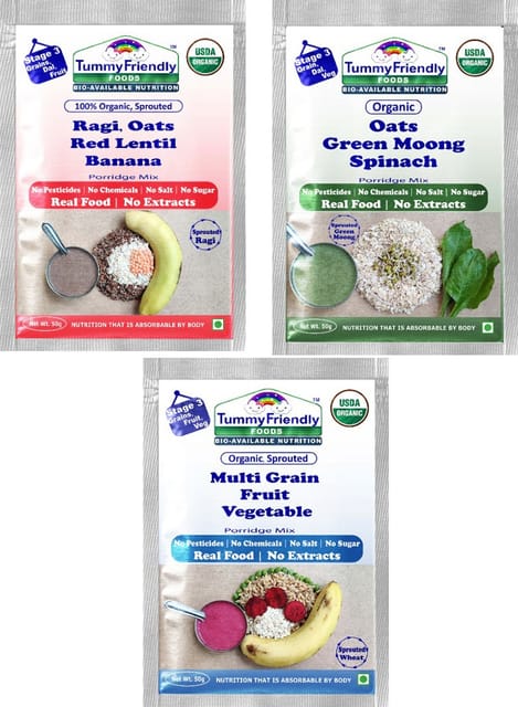 TummyFriendly Foods Certified Stage3 Porridge Mixes Trial Packs - Ragi, Oats, MultiGrain