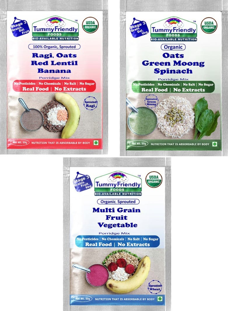 TummyFriendly Foods Certified Stage3 Porridge Mixes Trial Packs - Ragi, Oats, MultiGrain