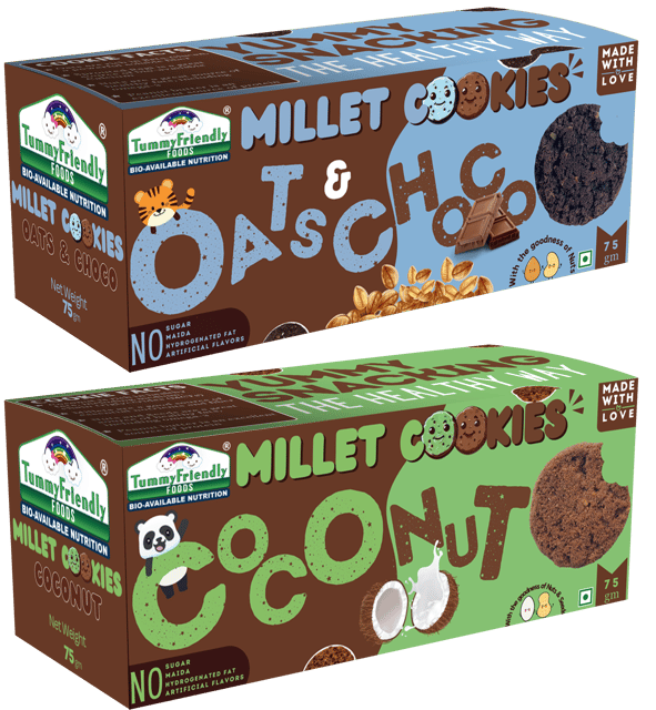 Tummy Friendly Foods Millet Cookies - Coconut , OatsChoco - Pack of 2 - 75g each