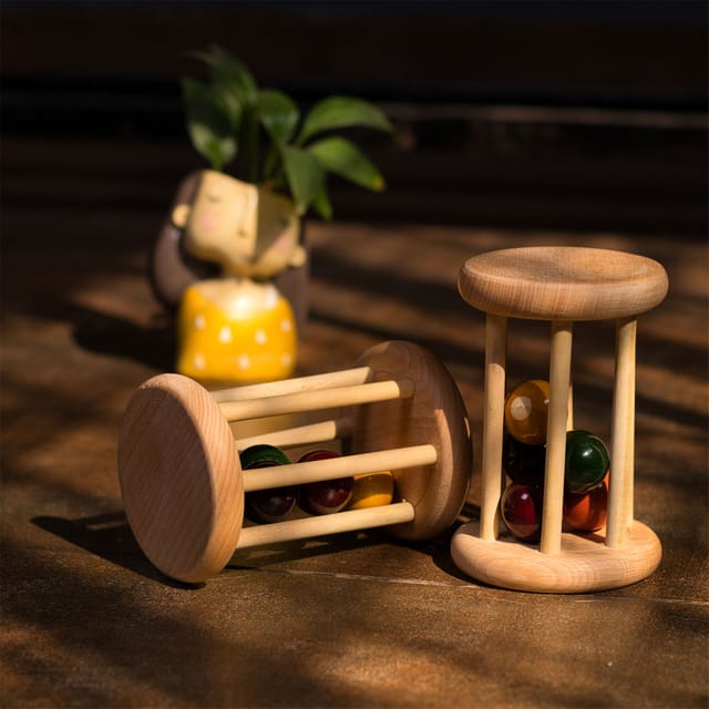 Toy Trunk Cognitive Roll and Learn Set ( wooden Rolling rattle , Vegetable Flash cards)