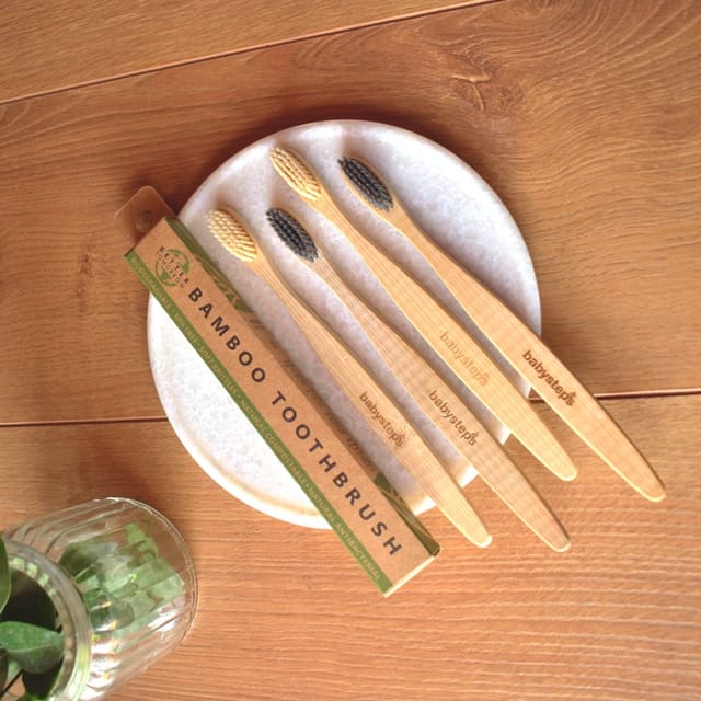 Bamboo Toothbrush Pack of 4- 2 Regular & 2 Charcoal Infused, 100% Organic, Biodegradable, BPA-Free, Eco-Friendly, Charcoal Infused | Natural Whitening | Sustainable Dental Care