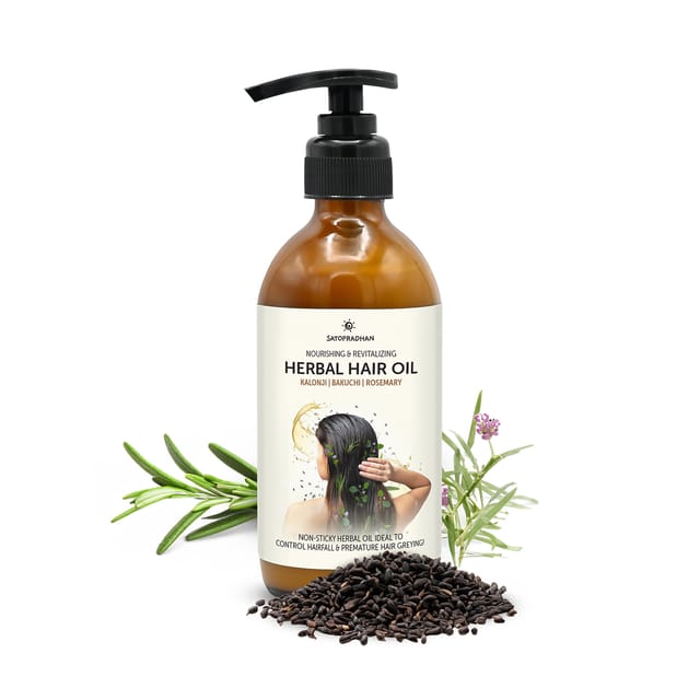 Herbal Hair Oil 200ml - Bakuchi, Kalonji & Organic Rosemary Oil For Hair Growth & Thickness | Hairfall Control Oil | Non-Sticky Oil For Premature Grey Hair - Plant-Based & Eco-friendly hair oil for Dry, Wavy & Curly Hair