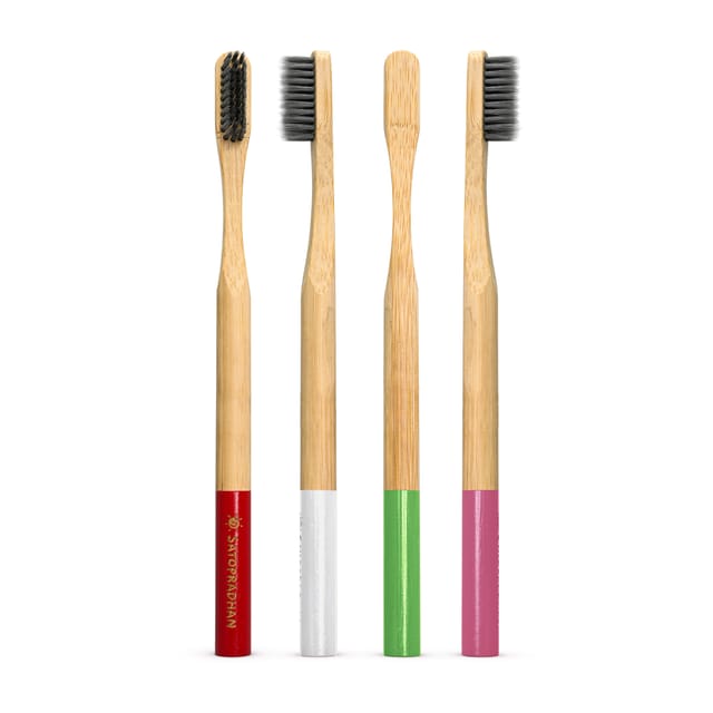Set of 4 Bamboo Toothbrushes - Bamboo Handles & Gentle Dual Layer Bristles- Colored markings for easier identification