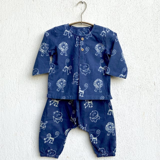 WHITEWATER KIDS UNISEX ORGANIC ZOO PRINT INDIGO KURTA + PANTS
