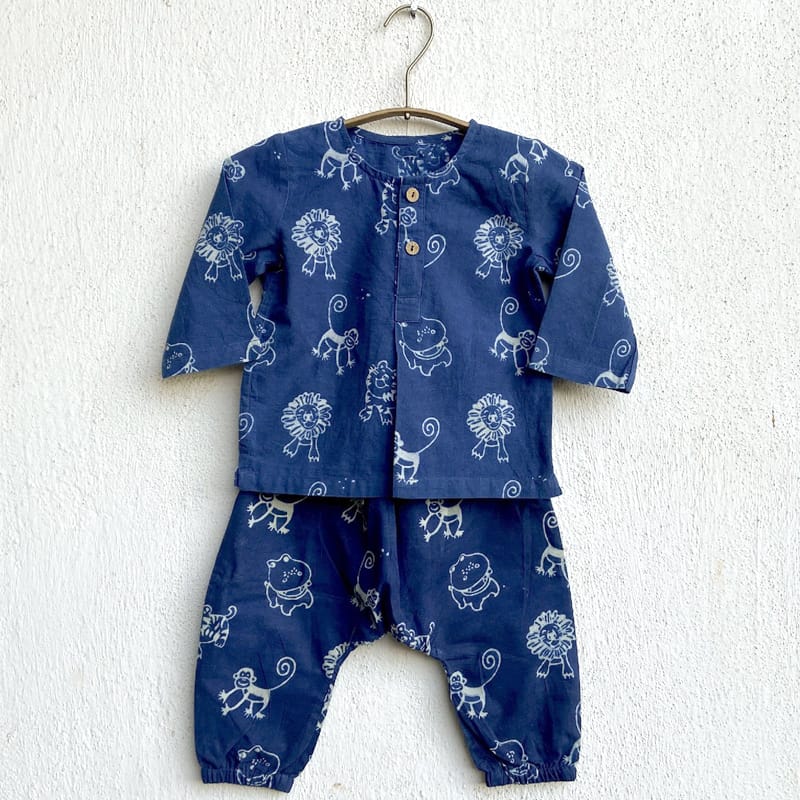 WHITEWATER KIDS UNISEX ORGANIC ZOO PRINT INDIGO KURTA + PANTS