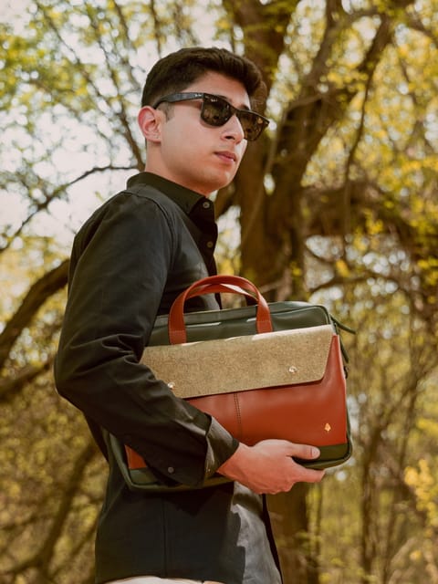 Green Hermitage Willow Vegan Leather Laptop Sleeve Tan
