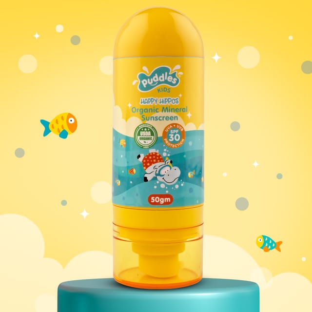 Puddles Kids Organic Sunscreen| Happy Hippo with Natural Minerals and Vitamin E- 50 ML