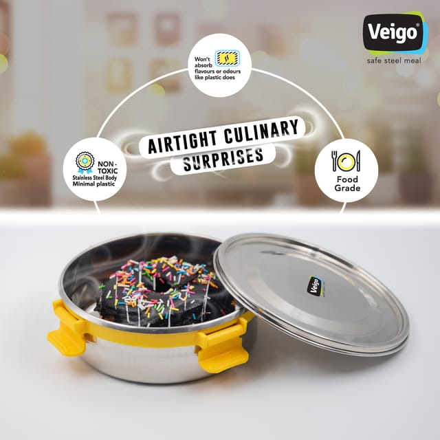 Veigo Maxosteel Stainless Steel Round Storage Box with Reversible Clip Mechanism