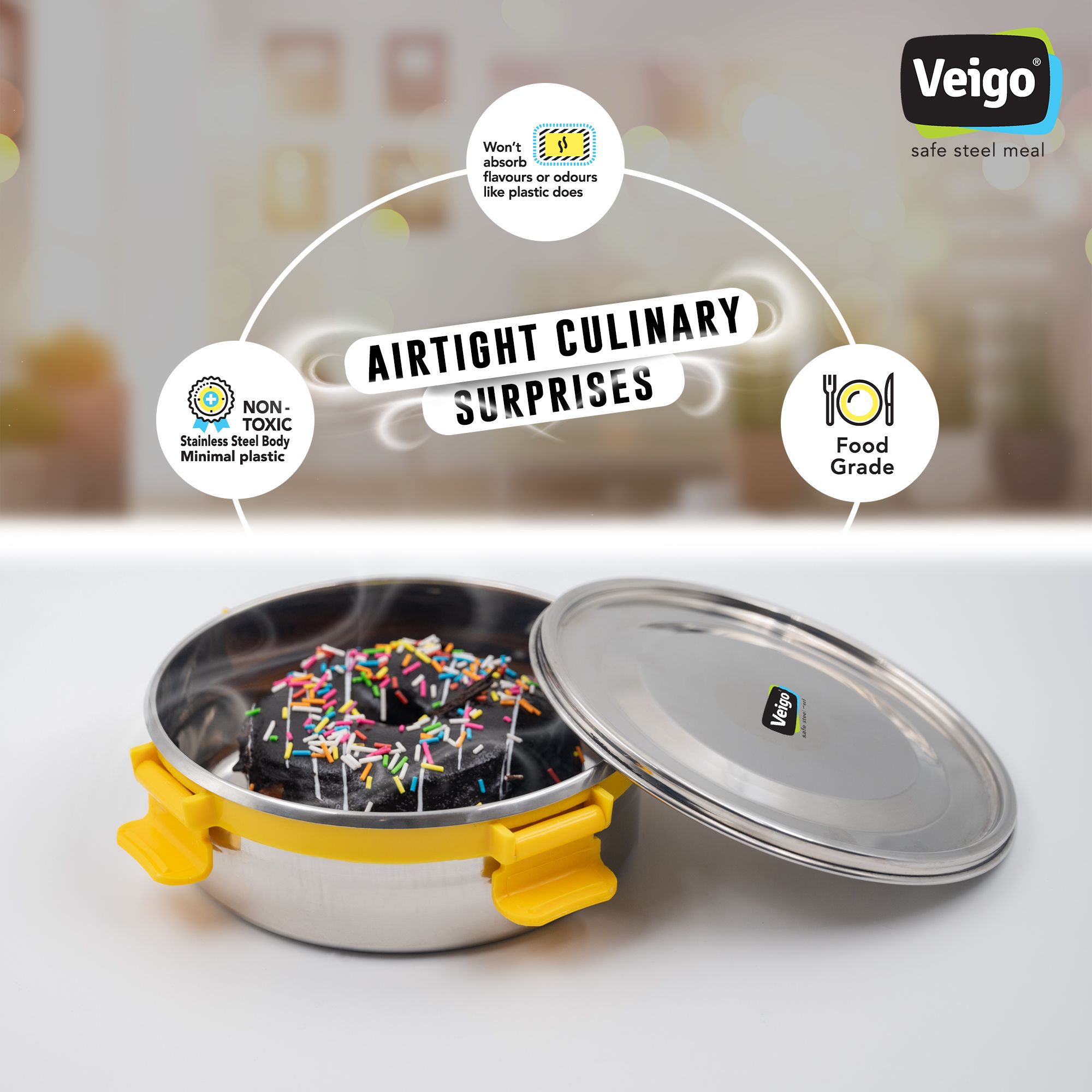 Veigo Maxosteel Stainless Steel Round Storage Box with Reversible Clip Mechanism