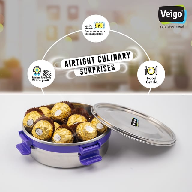 Veigo Maxosteel Stainless Steel Round Storage Box with Reversible Clip Mechanism