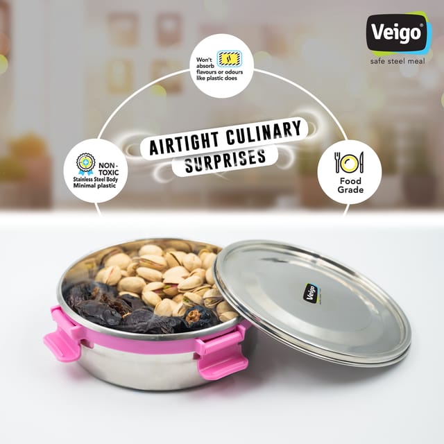 Veigo Maxosteel Stainless Steel Round Storage Box with Reversible Clip Mechanism