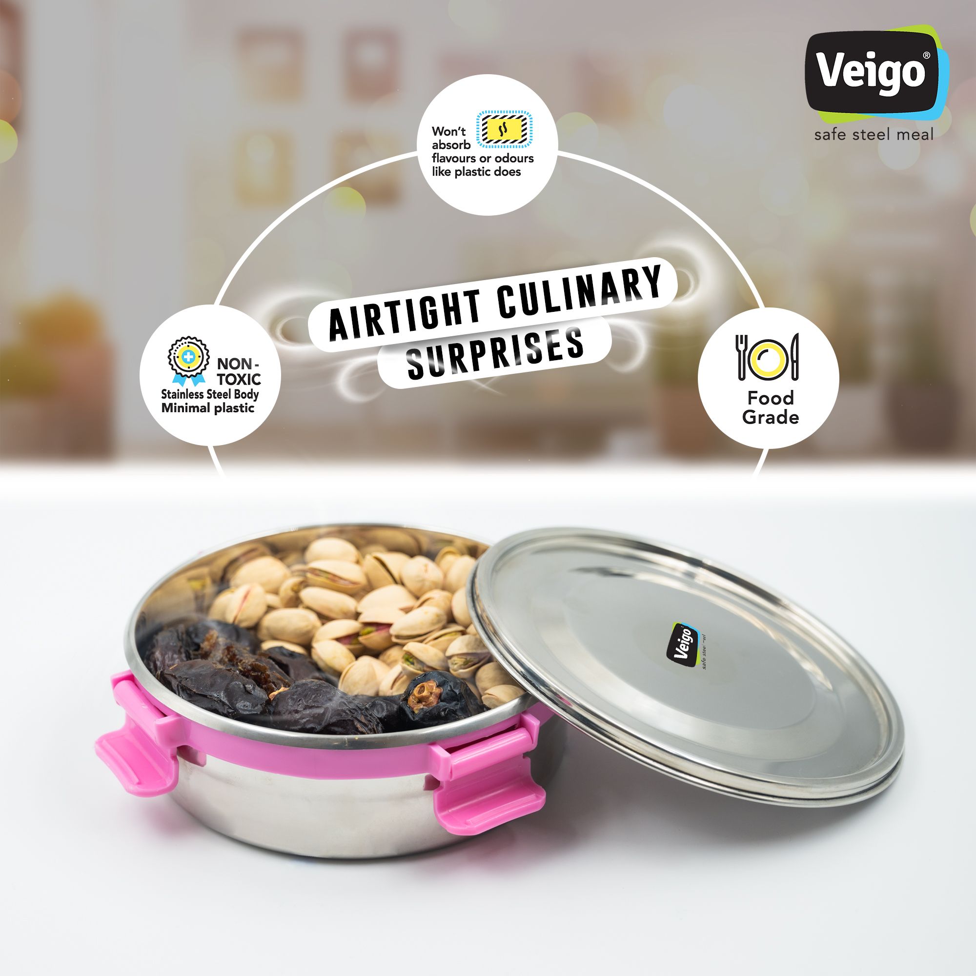 Veigo Maxosteel Stainless Steel Round Storage Box with Reversible Clip Mechanism