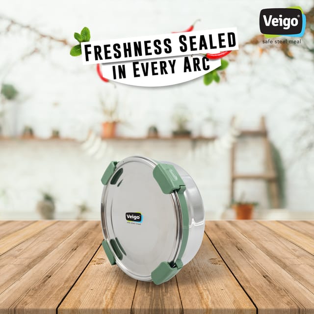 Veigo Maxosteel Stainless Steel Round Storage Box with Reversible Clip Mechanism