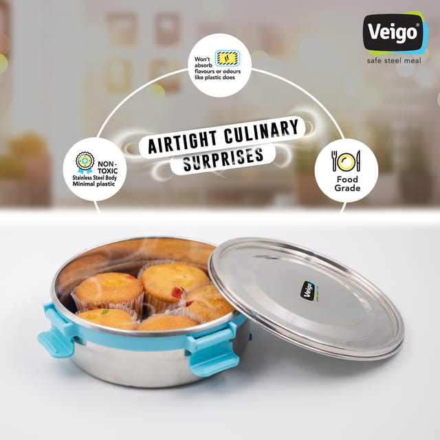 Veigo Maxosteel Stainless Steel Round Storage Box with Reversible Clip Mechanism